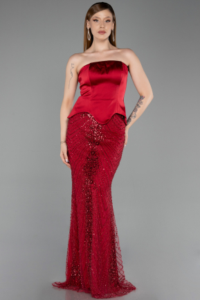Robe de Soirée Longue Perlé Rouge Bordeaux ABU6234