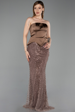 Robe de Soirée Longue Perlé Brun ABU6234