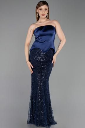 Robe de Soirée Longue Perlé Bleu Marine ABU6234