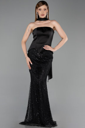 Robe de Soirée Longue Perlé Noir ABU6234