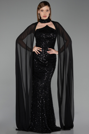 Robe de Soirée Longue Perlé Noir ABU6236