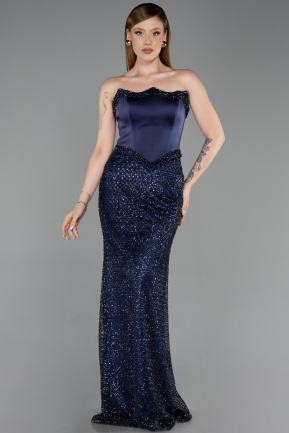 Robe de Soirée Longue Perlé Bleu Marine ABU6238