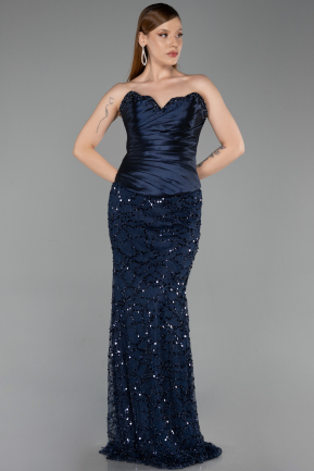 Robe de Soirée Longue Squameuse Bleu Marine ABU6242