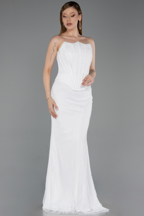 Robe de Soirée Longue Dantelle Blanc ABU6207