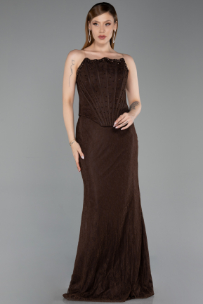 Robe de Soirée Longue Dantelle Brun ABU6207