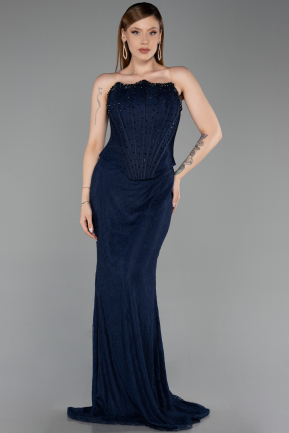 Robe de Soirée Longue Dantelle Bleu Marine ABU6207