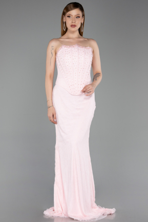 Robe de Soirée Longue Dantelle Poudre ABU6207