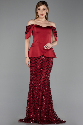 Robe de Soirée Longue Squameuse Rouge Bordeaux ABU6243