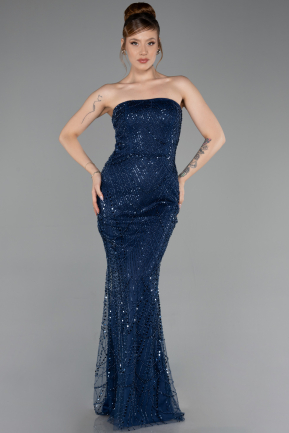 Robe de Soirée Longue Perlé Bleu Marine ABU6220
