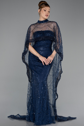 Robe de Soirée Longue Perlé Bleu Marine ABU6220