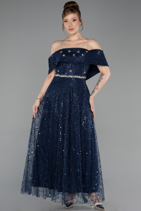 Robe de Cérémonie Midi Perlé Bleu Marine ABK2639