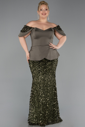 Robe de Soirée Grande Taille Longue Squameuse Kaki ABU6262