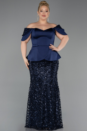 Robe de Soirée Grande Taille Longue Squameuse Bleu Marine ABU6262