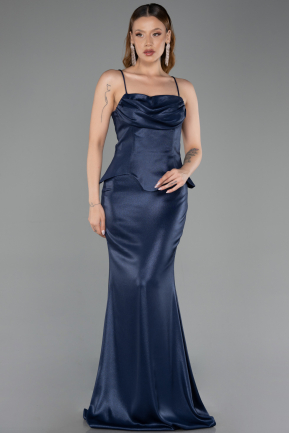 Robe de Soirée Longue Satin Bleu Marine ABU6275