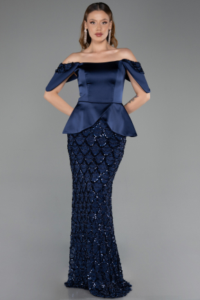 Robe de Soirée Longue Squameuse Bleu Marine ABU6254