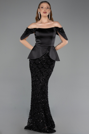 Robe de Soirée Longue Squameuse Noir ABU6254
