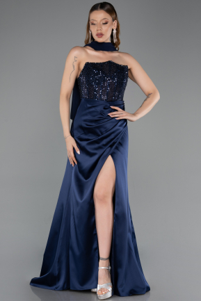Robe de Soirée Longue Satin Bleu Marine ABU6276