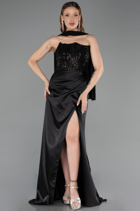 Robe de Soirée Longue Satin Noir ABU6276