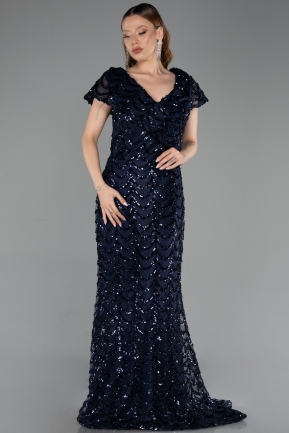 Robe De Soirée Grande Taille Longue Squameuse Bleu Marine ABU6282