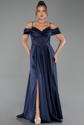 Robe de Soirée Longue Satin Bleu Marine ABU6297