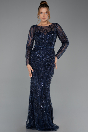 Robe de Soirée Longue Perlé Bleu Marine ABU5649