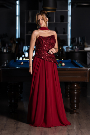 Robe de Soirée Longue Mousseline Rouge Bordeaux ABU5486