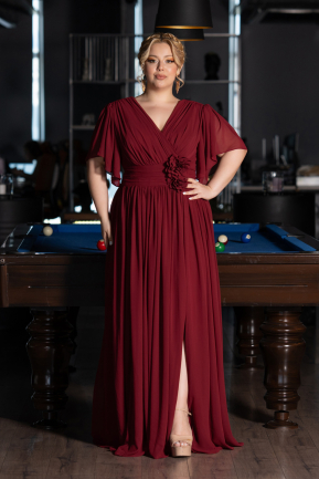Robe De Soirée Grande Taille Longue Mousseline Rouge Bordeaux ABU6309