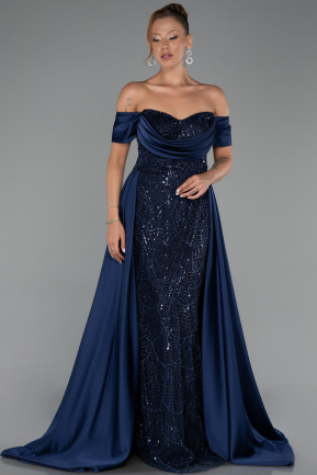 Robe de Soirée Longue Perlé Bleu Marine ABU6329
