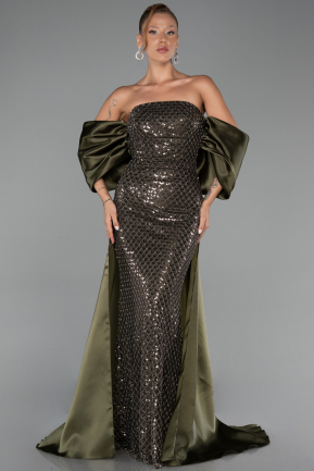 Robe De Soirée Perlé Longue Kaki ABU5169