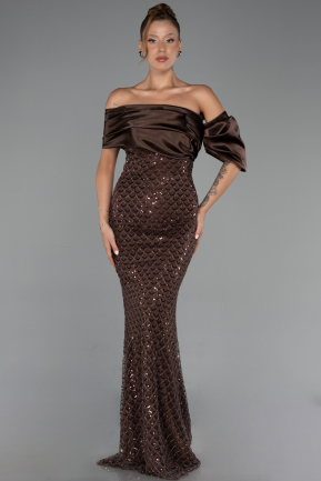 Robe De Soirée Perlé Longue Brun ABU5434