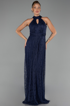 Robe de Soirée Longue Dantelle Bleu Marine ABU6313