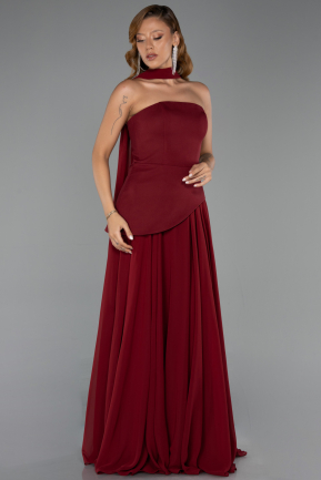 Robe De Soirée Mousseline Longue Rouge Bordeaux ABU6042
