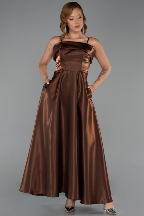 Robe De Soirée Satin Midi Brun ABK2657