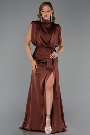 Robe De Soirée Satin Longue Brun Clair ABU2133