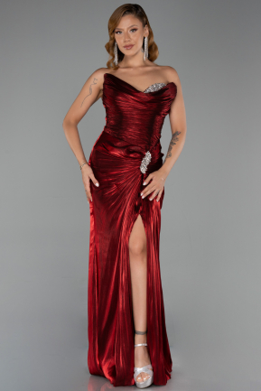 Robe de Soirée Longue Mousseline Rouge Bordeaux ABU6336