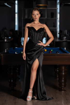 Robe de Soirée Longue Satin Noir ABU6320