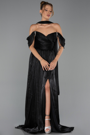 Robe de Soirée Longue Mousseline Noir ABU6342