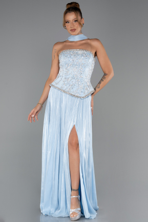 Robe de Soirée Longue Mousseline Bleu clair ABU5786
