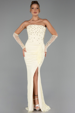 Robe de Soirée Longue Dantelle Jaune ABU6355