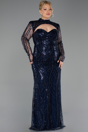 Robe De Soirée Grande Taille Longue Perlé Bleu Marine ABU6357