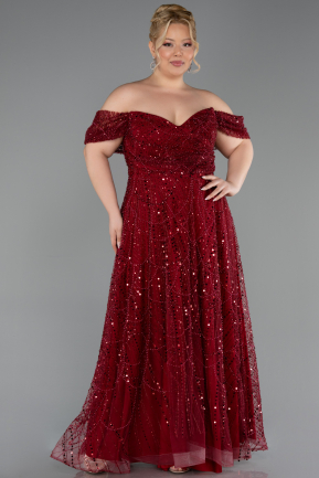 Robe De Soirée Grande Taille Longue Perlé Rouge Bordeaux ABU6347