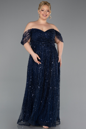 Robe De Soirée Grande Taille Longue Perlé Bleu Marine ABU6347