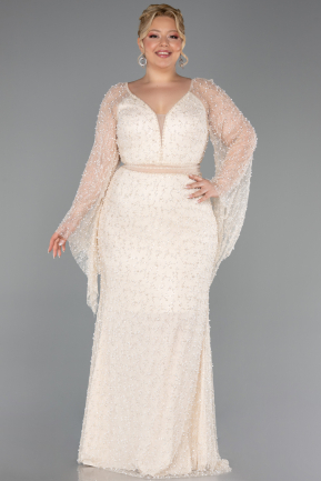 Robe de Soirée Grande Taille Longue Perlé Beige ABU6350