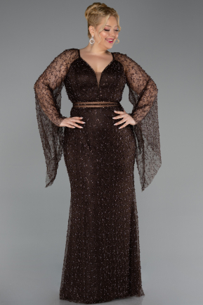 Robe De Soirée Grande Taille Longue Perlé Brun ABU6350
