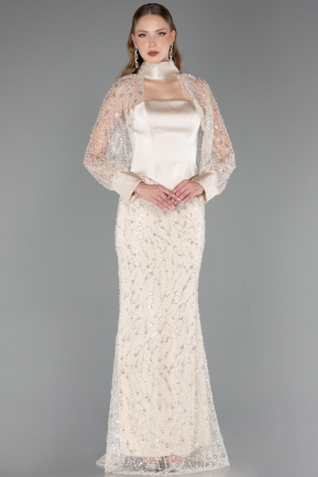 Robe de Soirée Longue Perlé Beige ABU6358