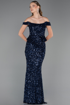 Robe de Soirée Longue Squameuse Bleu Marine ABU6359