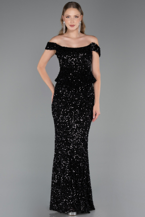 Robe de Soirée Longue Squameuse Noir ABU6359