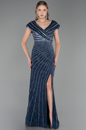 Robe De Fiançailles Grande Taille Longue Perlé Bleu Marine ABU5444