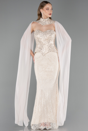 Robe de Soirée Longue Dantelle Beige ABU6360