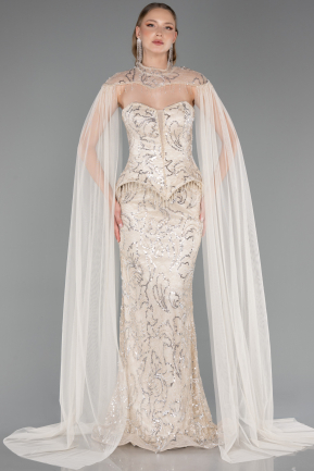 Robe de Soirée Longue Perlé Beige ABU6377